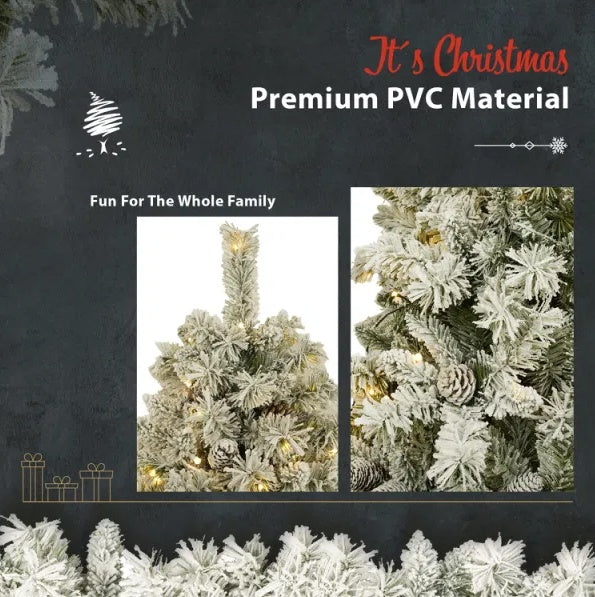 2 Pre-Lit Xmas Trees with Hanging Garland and Wreath - Artificial Christmas 4-Piece Set