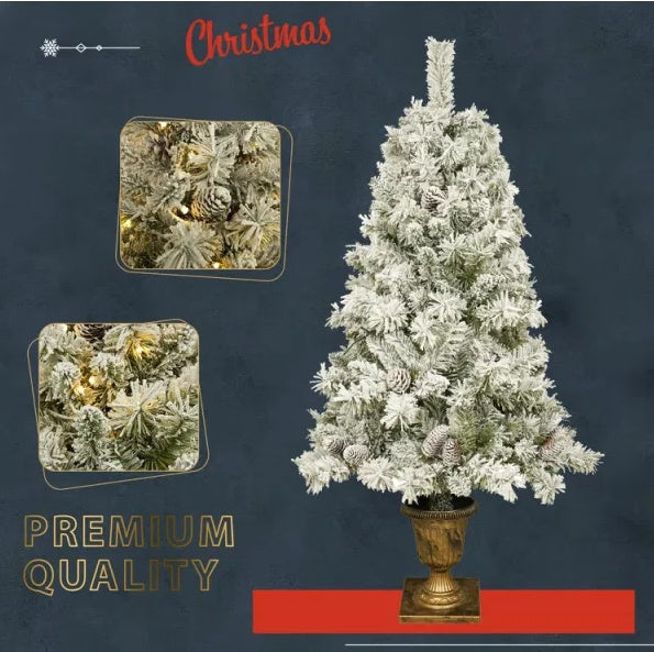 2 Pre-Lit Xmas Trees with Hanging Garland and Wreath - Artificial Christmas 4-Piece Set