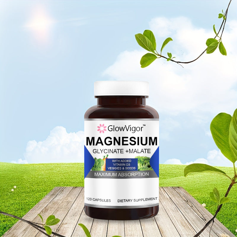 GlowVigor Magnesium Glycinate & Malate Complex WVitamin D3, 99 Chelated For Max Absorption, Vegetarian Bone Health, Nerves, Muscles, 120 Capsules, 60 Days