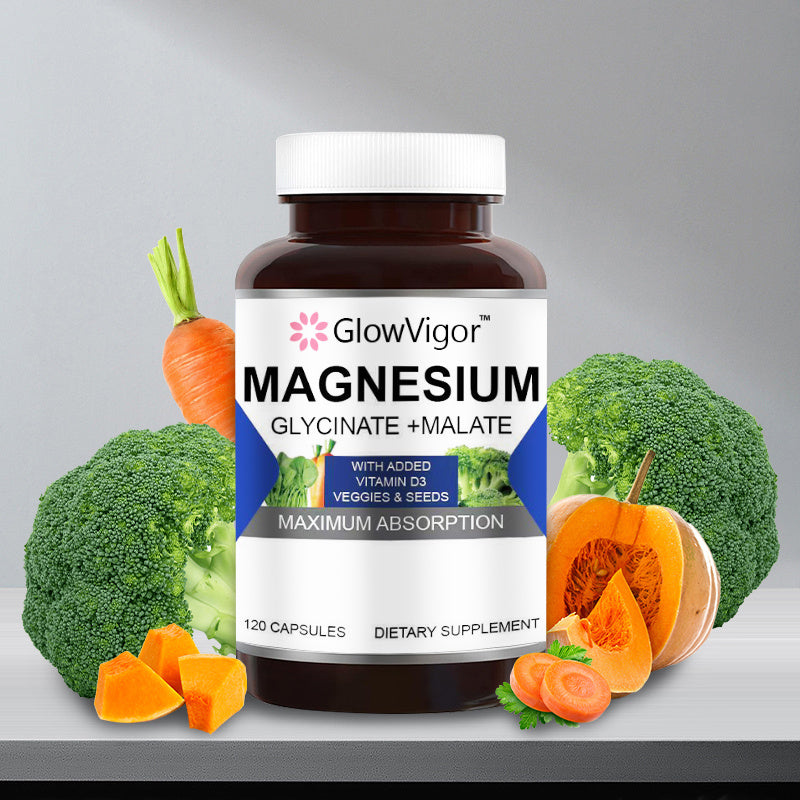 GlowVigor Magnesium Glycinate & Malate Complex WVitamin D3, 99 Chelated For Max Absorption, Vegetarian Bone Health, Nerves, Muscles, 120 Capsules, 60 Days