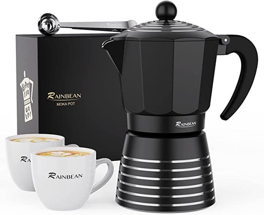 Rainbean Moka Pot, Stovetop Espresso Maker 6 Cup 300ml, Aluminum Moka Pot Gift Set, Italian Cuban Greca Coffee, Easy To Use & Clean - Set Including 2 Cups, Spoon, Black, Perfect Gifts For Coffee Lovers