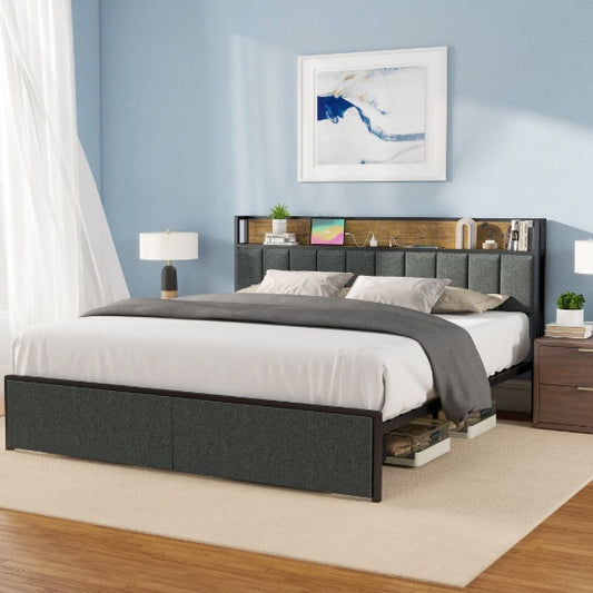 Large Bed Frame With Charging Station And LED Lights - Padded Headboard With Storage Shelves, Heavy-duty Metal Slats