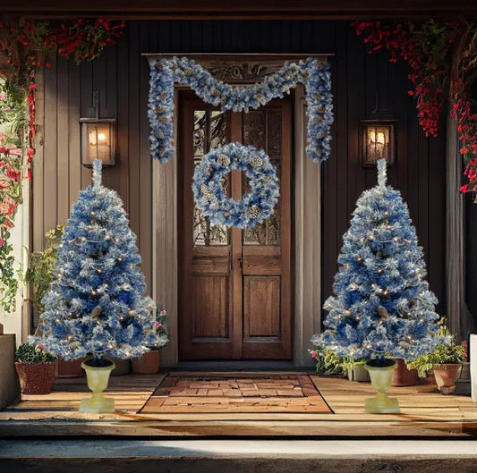 2 Pre-lit Xmas Trees, With Hanging Garland and Wreath Artificial Christmas 4-Piece Set